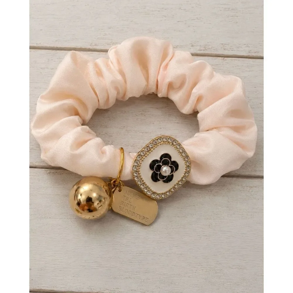 Pink Camellia Flower Scrunchie with Charms - Hair Tie Hair Band Ponytail